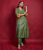 Olive green chanderi embroidered kurta set
