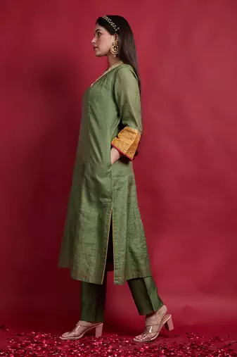 Olive green chanderi embroidered kurta set