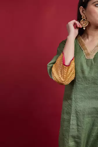 Olive green chanderi embroidered kurta set