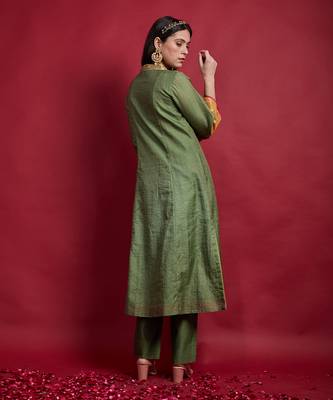 Olive green chanderi embroidered kurta set 5