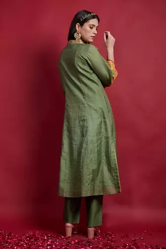 Olive green chanderi embroidered kurta set