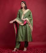 Olive green chanderi embroidered zari striped kurta set