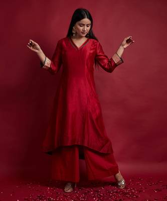 Red chanderi handloom a line high low kurta set 1