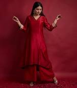Red chanderi handloom a line high low kurta set
