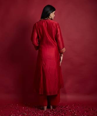 Red chanderi handloom a line high low kurta set 3