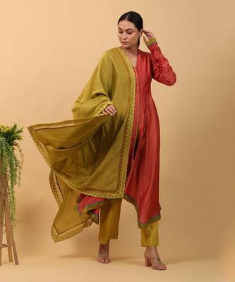 Valentine red asymetric anarkali set with dupatta 1