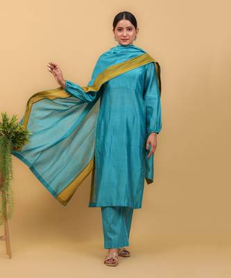 Aqua blue & lime yellow high slit kurta set with dupatta 1