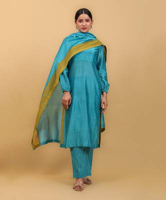 Aqua blue & lime yellow high slit kurta set with dupatta 2