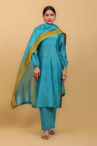 Aqua blue & lime yellow high slit kurta set with dupatta