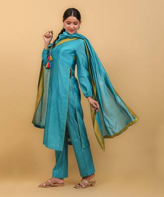 Aqua blue & lime yellow high slit kurta set with dupatta 3