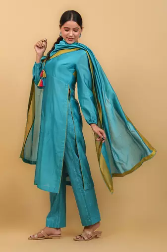 Aqua blue & lime yellow high slit kurta set with dupatta