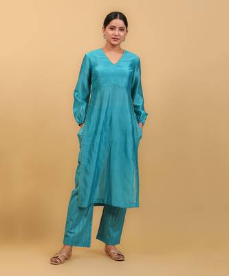 Aqua blue & lime yellow high slit kurta set 1