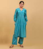 Aqua blue & lime yellow high slit kurta set