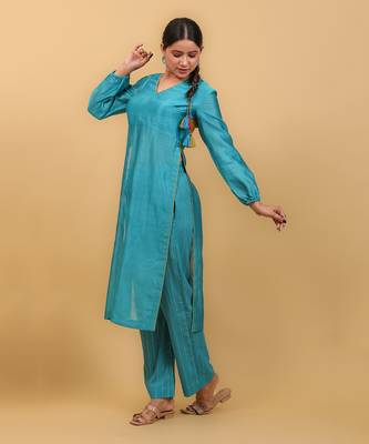Aqua blue & lime yellow high slit kurta set 2