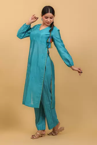 Aqua blue & lime yellow high slit kurta set