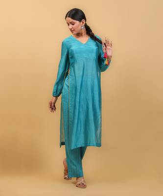 Aqua blue & lime yellow high slit kurta set 3