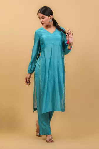 Aqua blue & lime yellow high slit kurta set