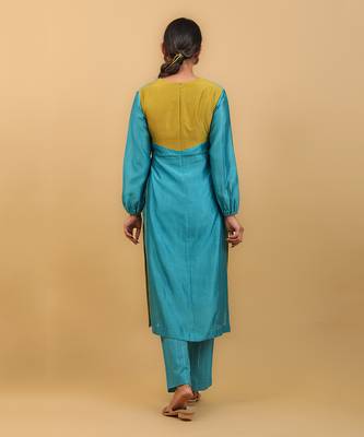 Aqua blue & lime yellow high slit kurta set 4