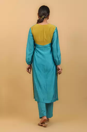 Aqua blue & lime yellow high slit kurta set