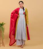 Grey chanderi handloom anarkali set with dupatta