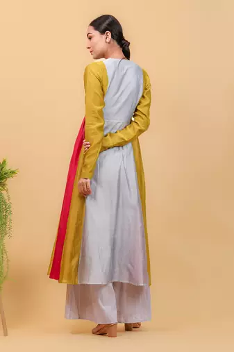 Grey chanderi handloom anarkali set with dupatta