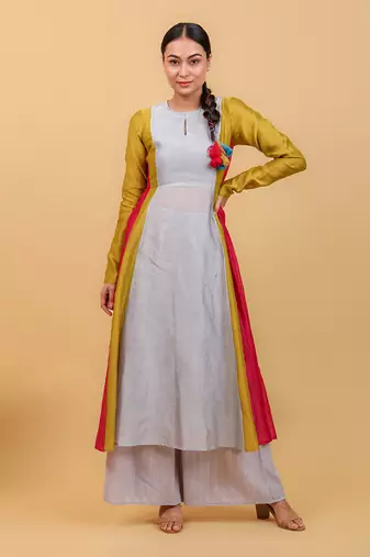 Grey chanderi handloom anarkali set with dupatta