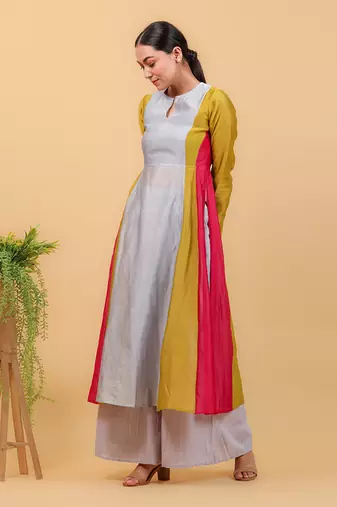 Grey chanderi handloom anarkali set