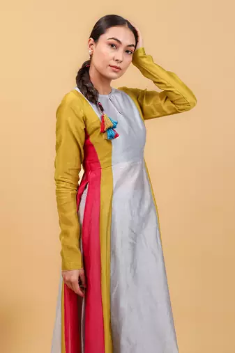 Grey chanderi handloom anarkali set