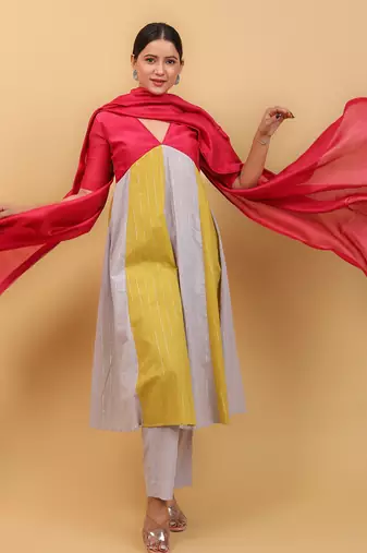 Grey & lime panelled kurta set with dupatta