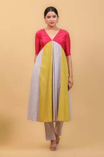 Grey & lime panelled kurta set with dupatta