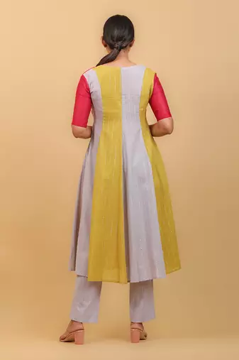 Grey & lime panelled kurta set with dupatta
