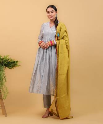 Grey & lime yellow anarkali set with dupatta 1