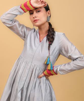 Grey & lime yellow anarkali set with dupatta 3