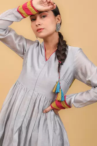 Grey & lime yellow anarkali set with dupatta
