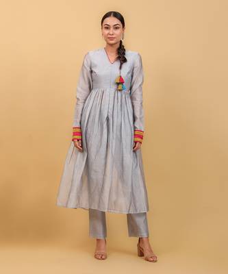 Grey & lime yellow chanderi handloom anarkali set 1