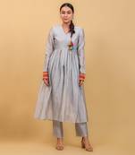 Grey & lime yellow chanderi handloom anarkali set