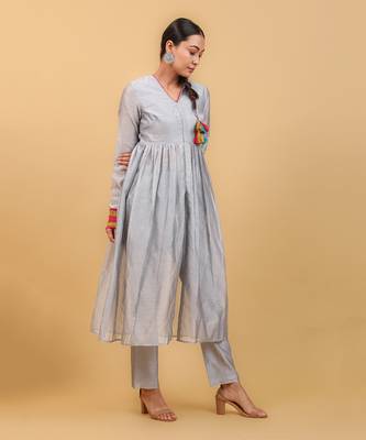 Grey & lime yellow chanderi handloom anarkali set 2