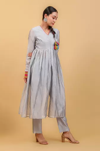 Grey & lime yellow chanderi handloom anarkali set