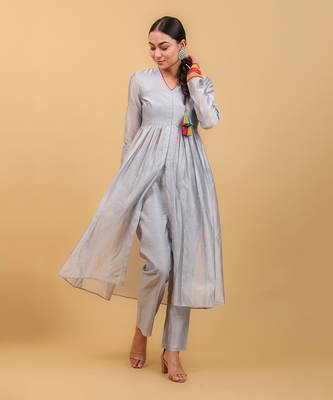 Grey & lime yellow chanderi handloom anarkali set 3