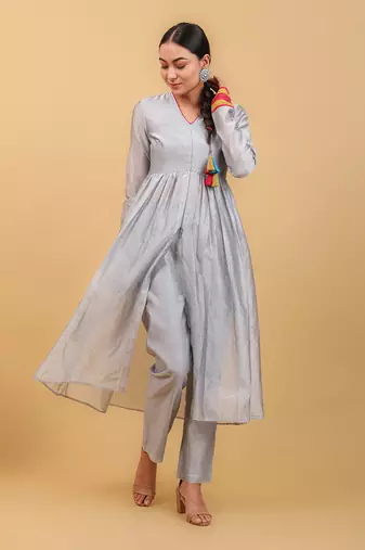 Grey & lime yellow chanderi handloom anarkali set