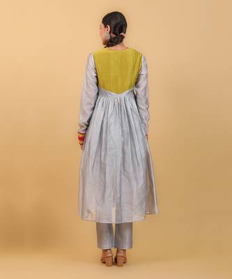 Grey & lime yellow chanderi handloom anarkali set 4