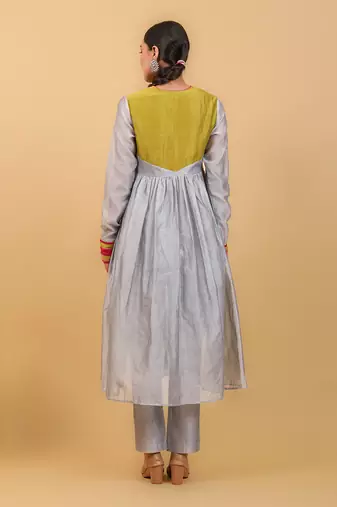 Grey & lime yellow chanderi handloom anarkali set