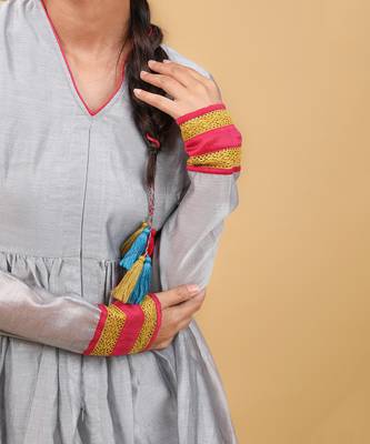 Grey & lime yellow chanderi handloom anarkali set 5