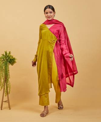 Lime yellow & pink anarkali set with dupatta 1
