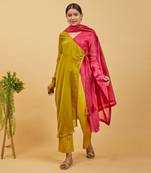 Lime yellow & pink anarkali set with dupatta