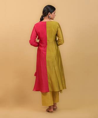 Lime yellow & pink anarkali set with dupatta 2