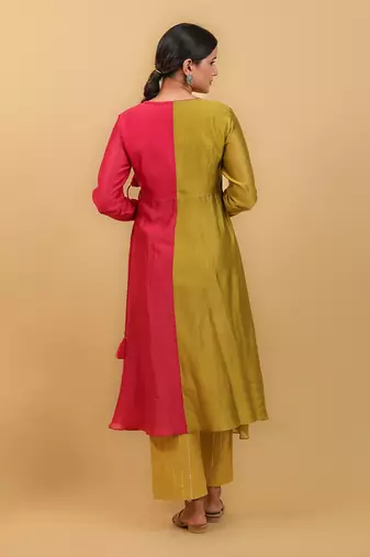 Lime yellow & pink anarkali set with dupatta