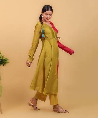 Lime yellow & pink anarkali set with dupatta 3