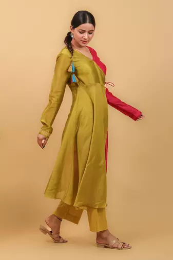 Lime yellow & pink anarkali set with dupatta