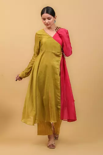 Lime yellow & pink anarkali set